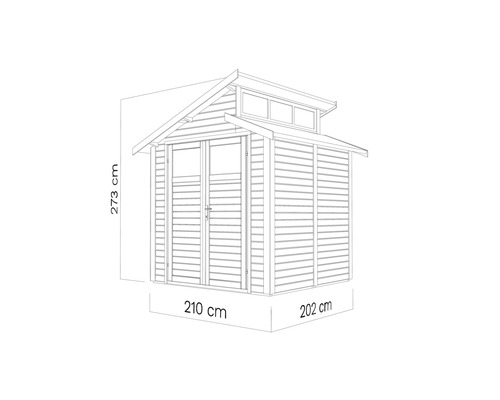 Abbildung eines Gartenhauses mit den Maßen 273 cm Höhe, 210 cm Breite und 202 cm Tiefe