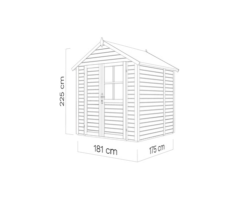 Illustration Gartenhaus mit den Maßen 225 cm Höhe, 181 cm Breite und 175 cm Tiefe