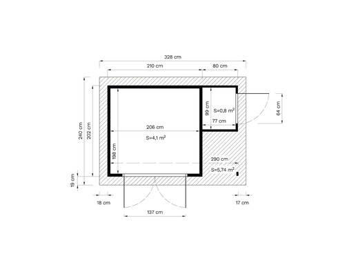 Grundriss mit Maßangaben in Zentimetern und Flächenangaben in Quadratmetern