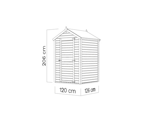 Abbildung eines Gerätehauses mit den Maßen 206 cm Höhe, 120 cm Breite und 126 cm Tiefe.