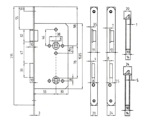 Technische Zeichnung eines Türschlosses mit Maßen