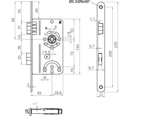Dessin technique d''une serrure de porte avec indications de mesure