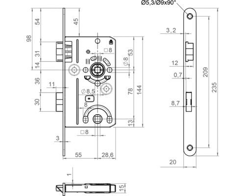 Dessin technique d''une serrure à mortaiser avec cotes