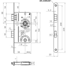 Dessin technique d''une serrure à mortaise avec indications de dimensions