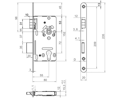 Technische Zeichnung eines Einsteckschlosses mit Maßangaben