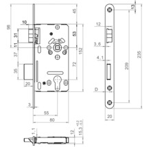 Korridor-Einsteckschloss Bever 2420 P rechts PZ Dornmaß 55 mm Entfernung 72 mm silber