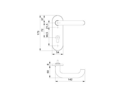 Technische Zeichnung einer Türklinke mit Maßangaben.