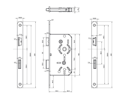 Schéma technique d''une serrure à mortaiser avec dimensions