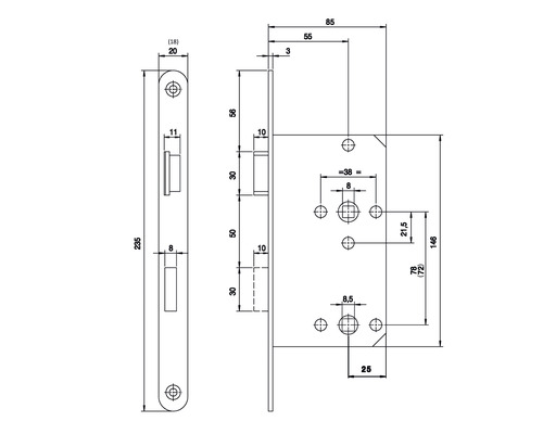 Schéma technique d''une serrure à mortaiser avec indications de dimensions