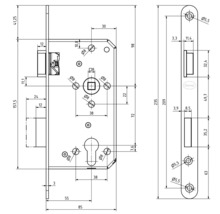 Schéma technique d''une serrure à mortaise avec indication des dimensions