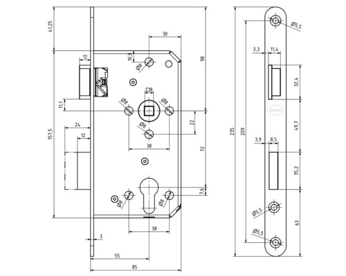 Technische Zeichnung eines Einsteckschlosses mit Maßangaben