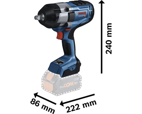 Clé à chocs sans fil Bosch avec des dimensions de 240 mm de hauteur, 86 mm de largeur et 222 mm de longueur