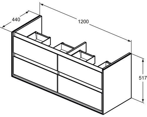 Schéma technique d''un meuble sous-vasque mesurant 1200 x 440 x 517 mm.