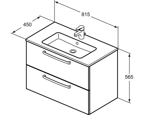 Zeichnung eines Waschtischunterschranks mit Waschbecken, Armatur und Schubladen inklusive Maßangaben.