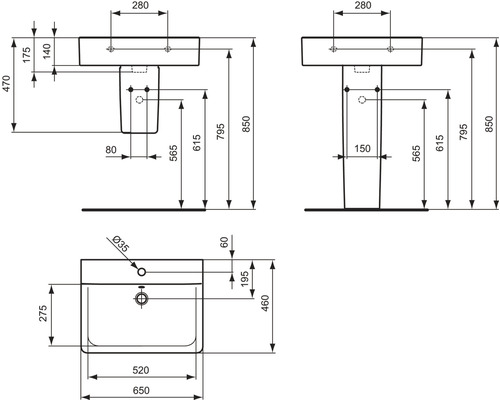 Technische Zeichnung eines Waschtisches mit Maßen.