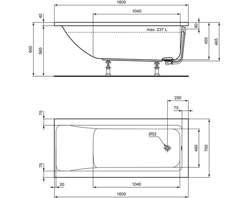 Technische Zeichnung einer Badewanne mit Maßangaben