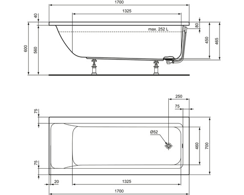 Technische Zeichnung einer Badewanne mit Maßen.