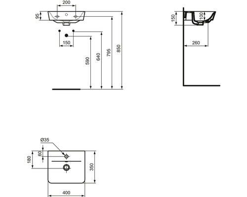 Technische Zeichnung eines Waschbeckens mit Maßangaben.