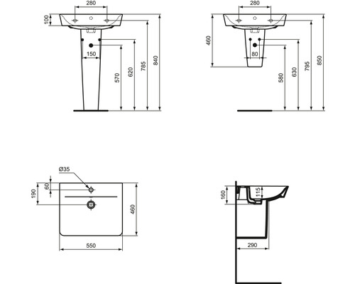 Technische Zeichnung eines Waschtisches mit Maßen