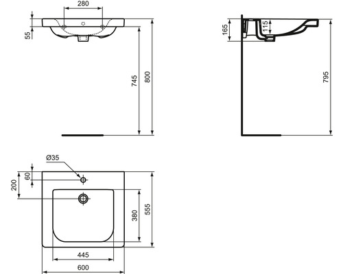 Schéma technique d''un lavabo avec dimensions