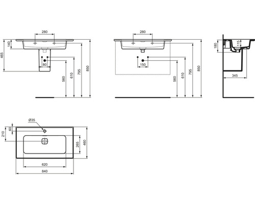 Technische Zeichnung Waschbecken mit Maßen