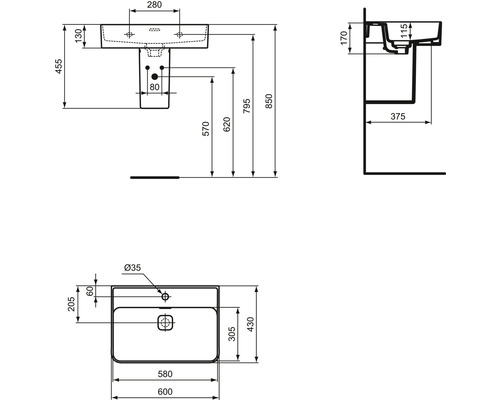 Technische Zeichnung eines Waschtisches mit Maßen