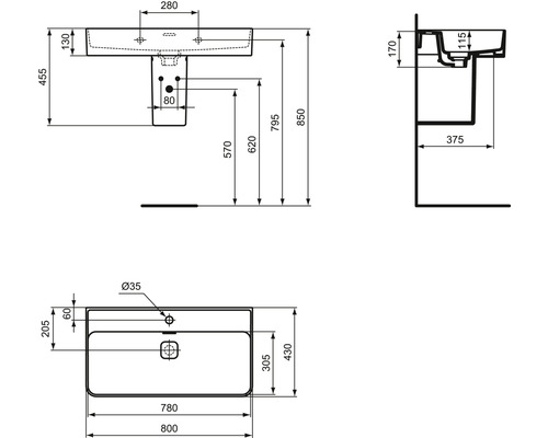 Technische Zeichnung eines Waschbeckens mit Maßangaben
