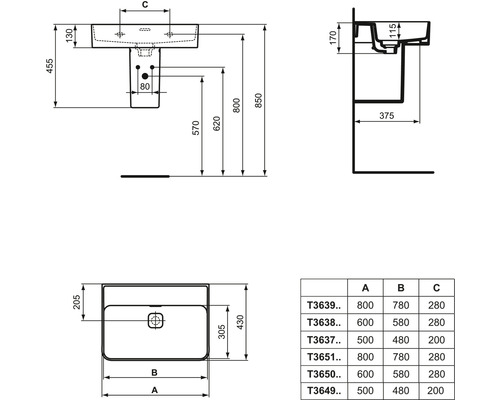Technische Zeichnung eines Waschtischs mit Maßen