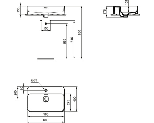 Dessin technique d''un lavabo avec dimensions