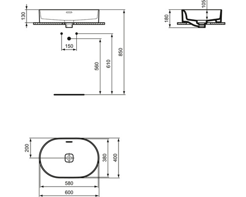Schéma technique d''un lavabo à poser avec cotes