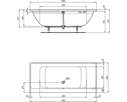Schéma technique d''une baignoire avec dimensions