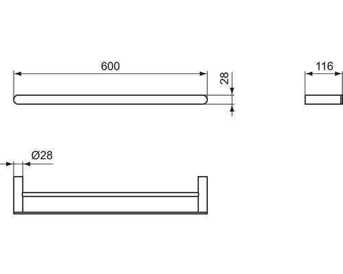 Technische Zeichnung einer Handtuchstange mit Maßangaben