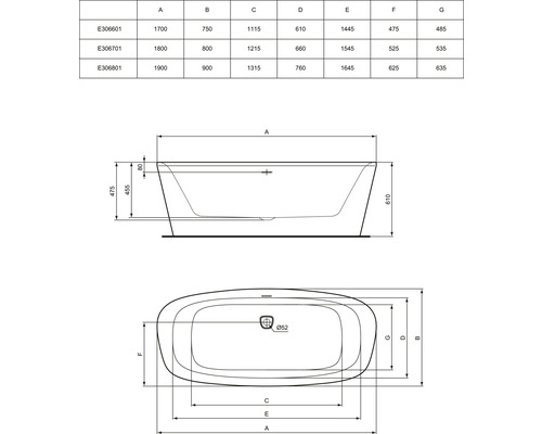 Schéma technique d''une baignoire avec dimensions