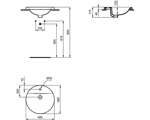 Dessin technique d''un lavabo à poser avec dimensions