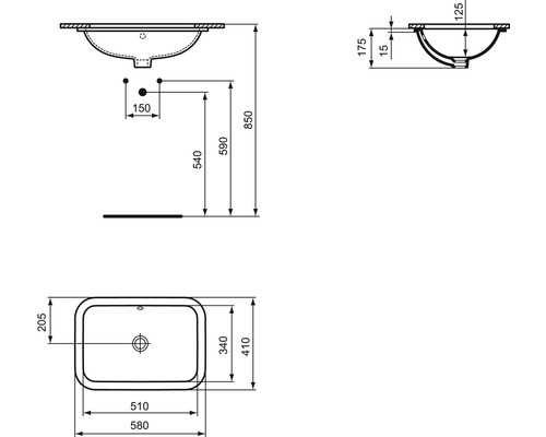 Dessin technique d''un lavabo à poser avec dimensions.