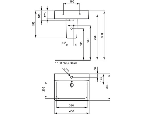 Dessin coté d''un lavabo avec toutes les dimensions