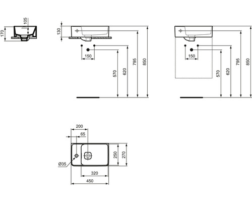 Schéma technique d''un lavabo avec dimensions.