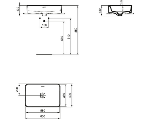 Technische Zeichnung eines Aufsatzwaschbeckens mit Maßangaben