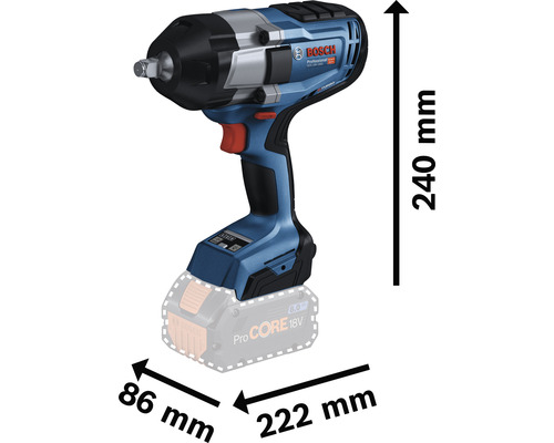 Clé à chocs sans fil Bosch avec des dimensions de 240 mm de hauteur, 86 mm de largeur et 222 mm de longueur.