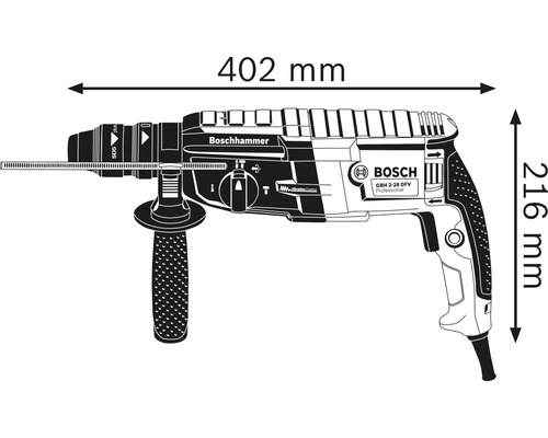 Image d''un marteau perforateur avec des dimensions de 402 mm de longueur et 216 mm de hauteur