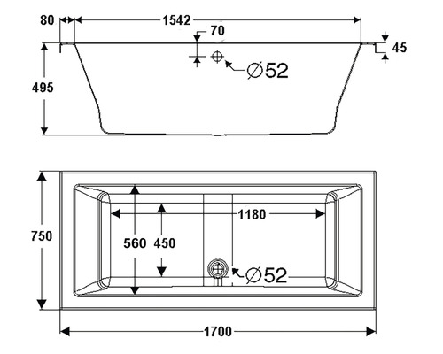 Schéma technique d''une baignoire avec dimensions