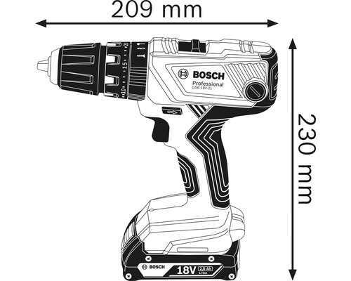 Dimensions de la visseuse à percussion sans fil Bosch Professional GSB 18V-21 : 209 mm de longueur, 230 mm de hauteur