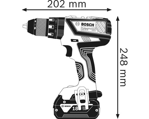 Abbildung des Bosch Akku-Schlagbohrschraubers mit Maßangaben: 202 mm Breite und 248 mm Höhe