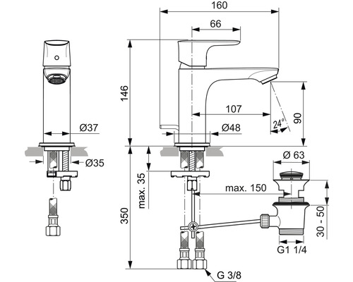 Technische Zeichnung einer Waschtischarmatur mit Maßen