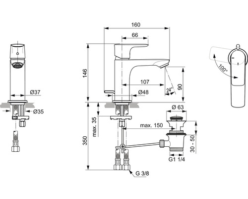 Technische Zeichnung einer Armatur mit Maßen