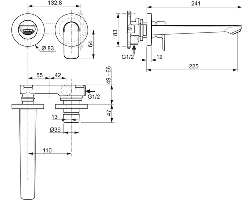 Technische Zeichnung einer Armatur mit Maßangaben