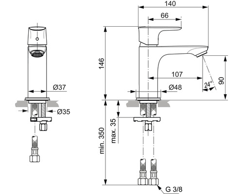 Maßzeichnung einer Armatur mit Höhen-, Breiten- und Durchmesserangaben