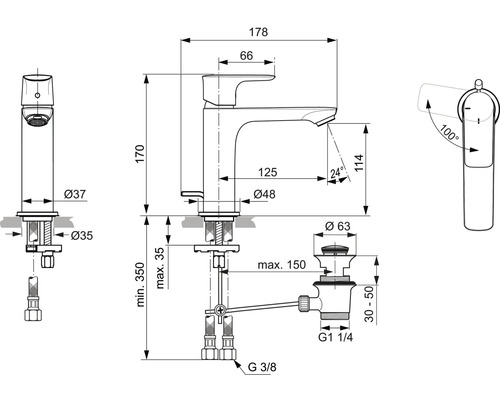 Technische Zeichnung einer Waschtischarmatur mit Maßangaben