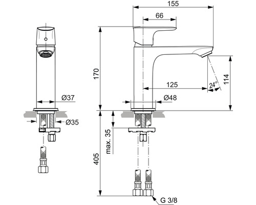 Technische Zeichnung einer Armatur mit Maßangaben