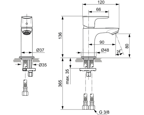 Maßzeichnung einer Armatur mit Angaben zu Höhe, Breite und Durchmesser
